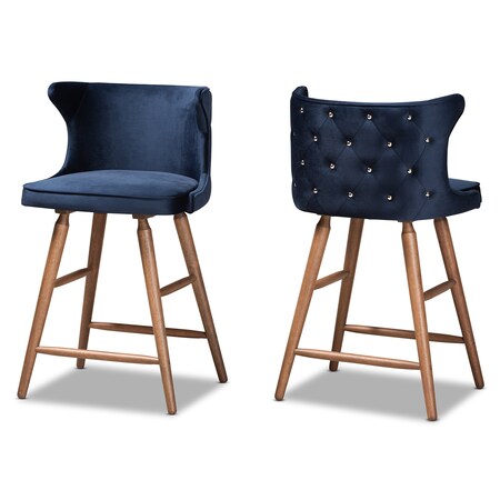 Baxton Studio Sagira Modern Navy Blue Velvet Fabric and Walnut Brown Finished Wood 2-PC Counter Stool Set 186-11682-Zoro